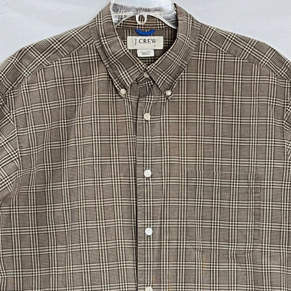 J. Crew Mens Button Down Shirt L Brown Plaid Cotton Short Sleeve Office Casual